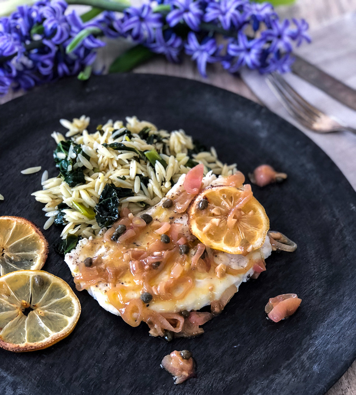 BAKED COD PICCATA + ZESTY ORZO