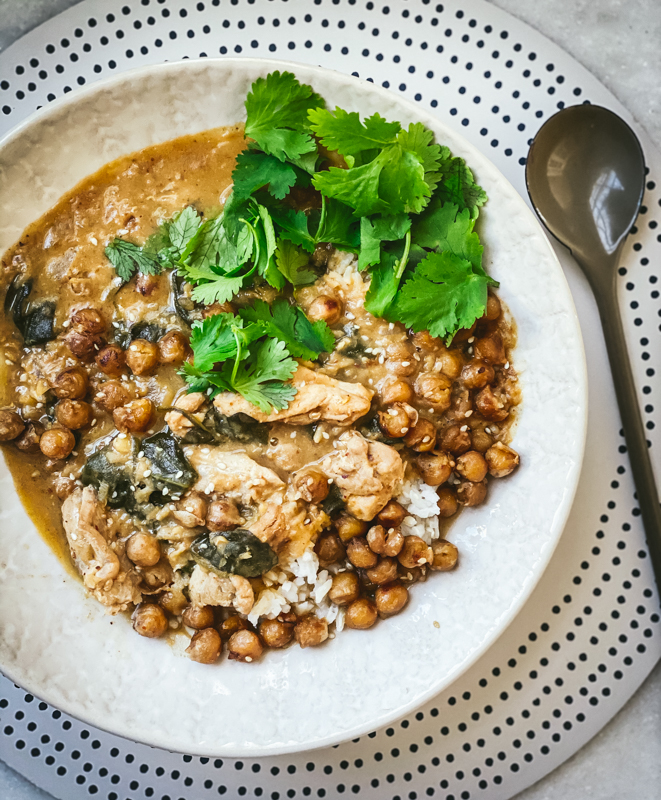 CHICKEN + LENTIL CURRY WITH CRISPY CHICKPEAS